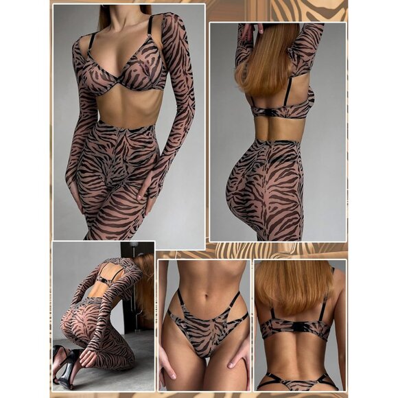 🆕Women’s Coffee Mesh Lingerie Set Animal Print Lace Bra Panty Set Polyester - Picture 4 of 6